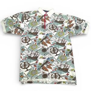 Vintage 90s Tommy Hilfiger Nautical Map AOP Polo Shirt Small S Sailboat